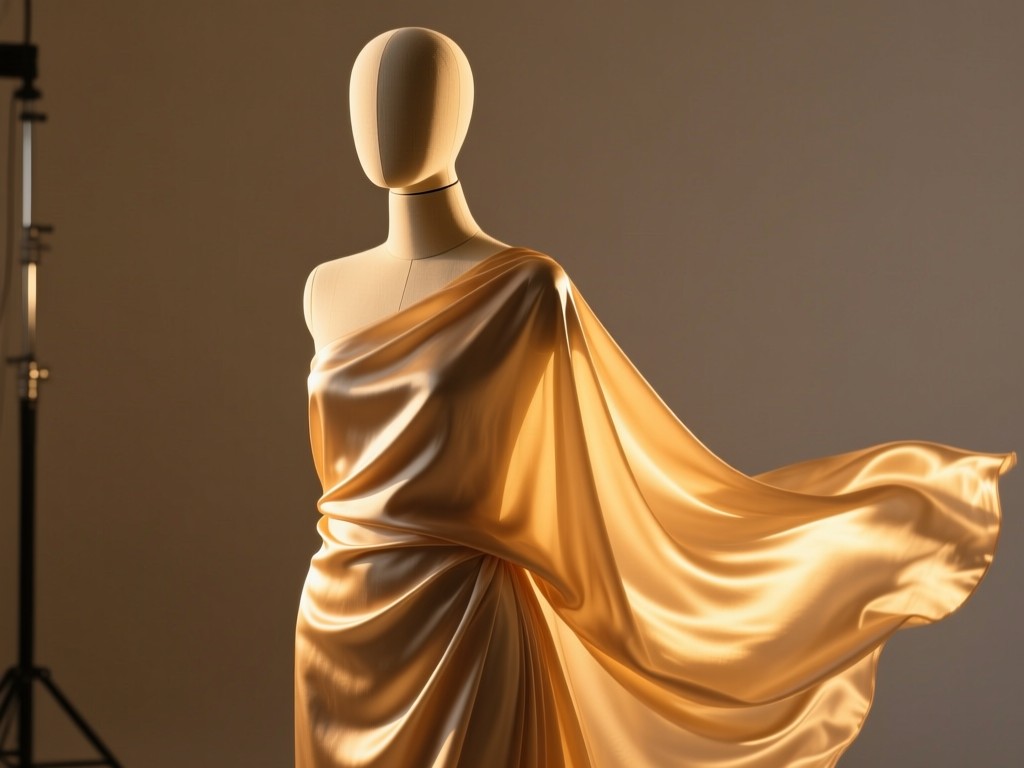 A single mannequin draped with flowing silk in golden hour studio light, fabric catching sunset rays, minimalist composition symbolizing curated style, warm color transitions, no background clutter.