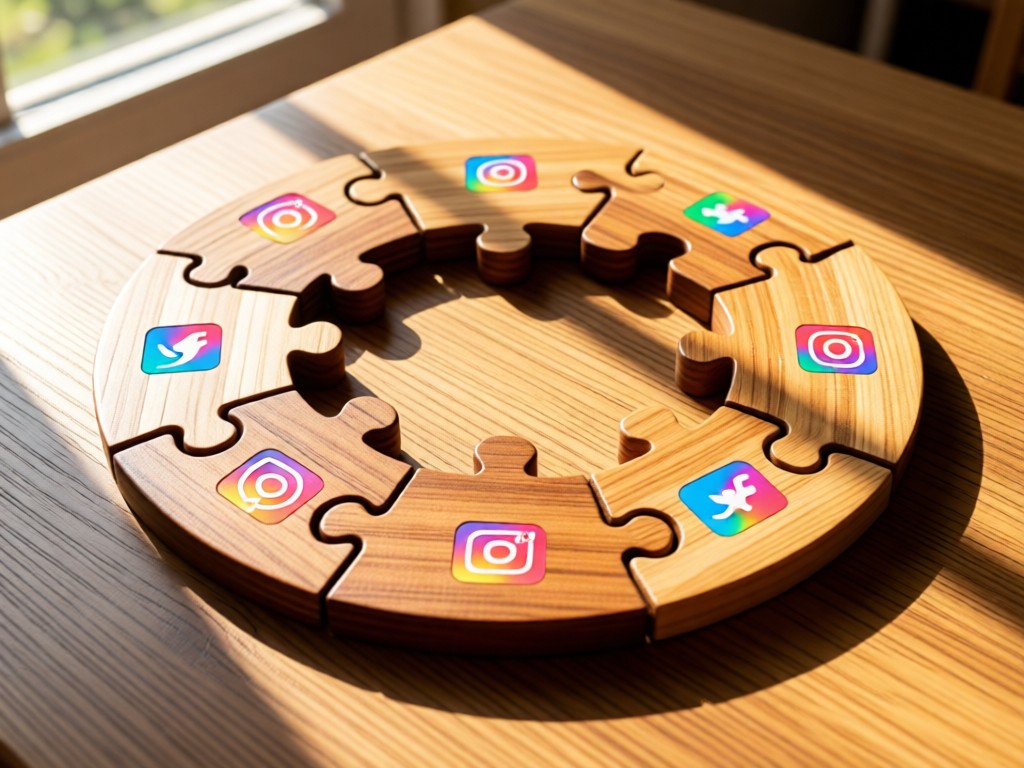 Interlocking wooden puzzle pieces forming a circle on a sunlit table. Each piece shows tiny social media icons. Warm natural lighting. No people.