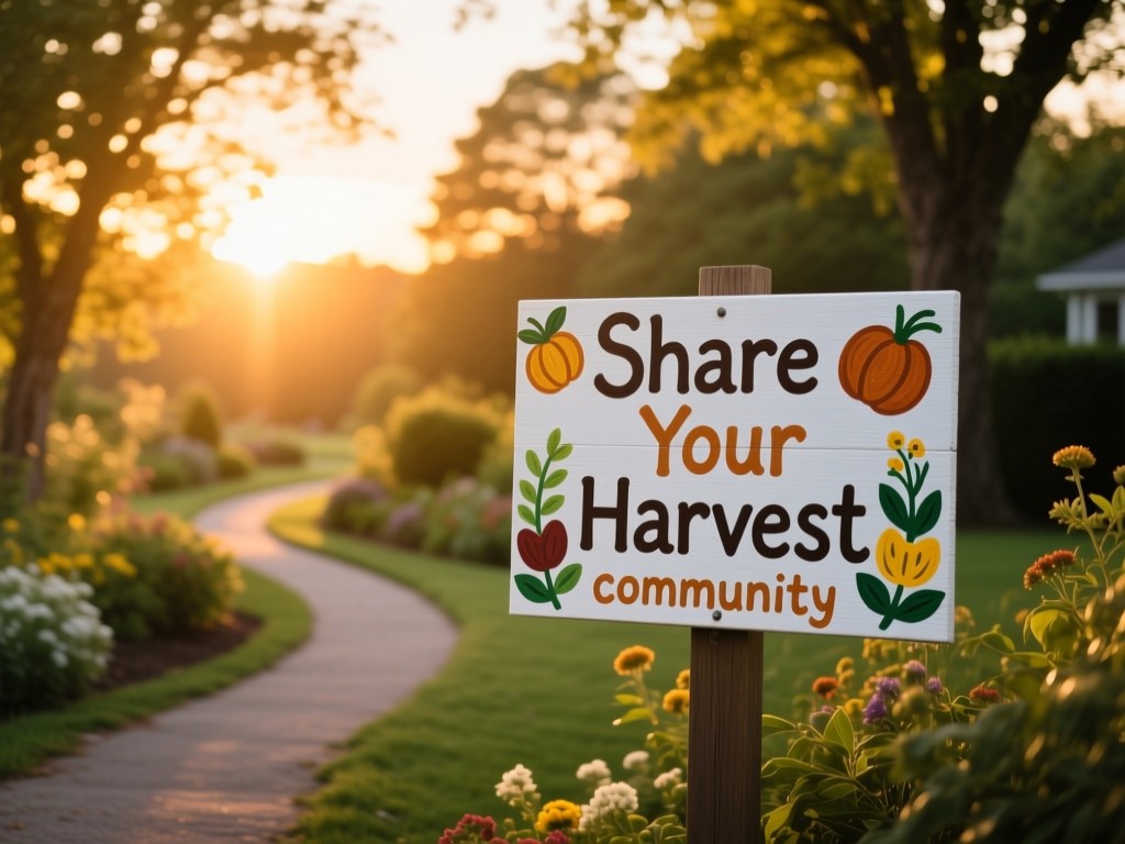 A winding garden path at sunset, sunlight filtering through trees onto hand-painted 'Share Your Harvest' community sign, soft focus background, golden tones.