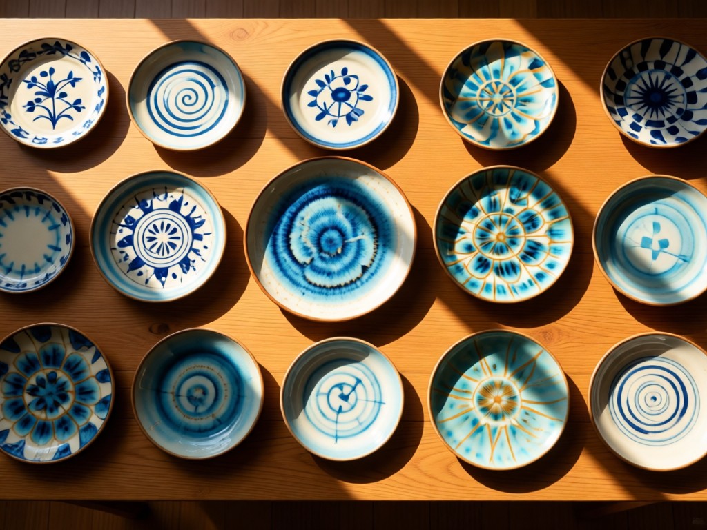 Aerial view of a perfectly arranged collection of ceramic plates on a sun-drenched wooden table. Each plate shows different glaze patterns. Soft shadows emphasize texture. Symbolizes curated presentation. No people.