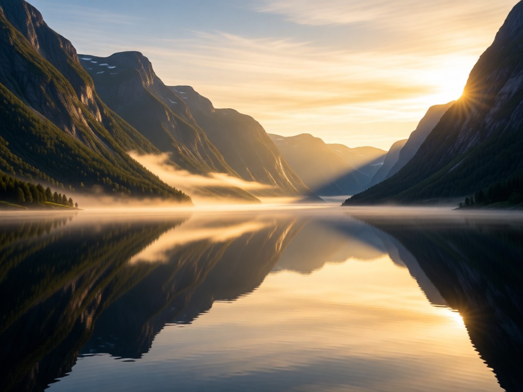 A wide shot of a serene Norwegian fjord at sunrise, mist rising from still water reflecting mountains. Golden light creates soft shadows. Peaceful and majestic. No people.