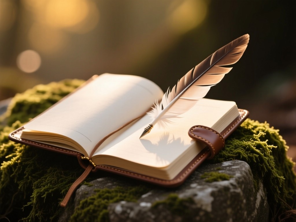 An open leather-bound journal with a feather quill on a moss-covered stone during golden hour, soft sunlight on empty pages, shallow depth of field, earthy tones, contemplative atmosphere, no text.