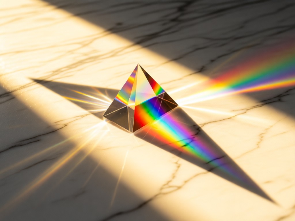 A prism refracting sunlight into a rainbow spectrum on a white marble surface. Golden hour illumination creates long shadows. Minimalist composition. No people.