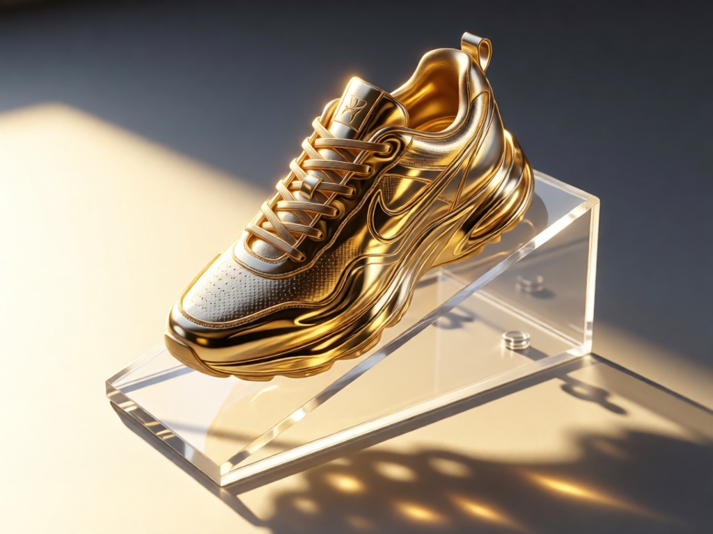 An angled view of a transparent acrylic display stand holding a single pristine sneaker. Golden light catches its unique materials. Below it, subtle shadow patterns suggest connection points. Clean and commercial.