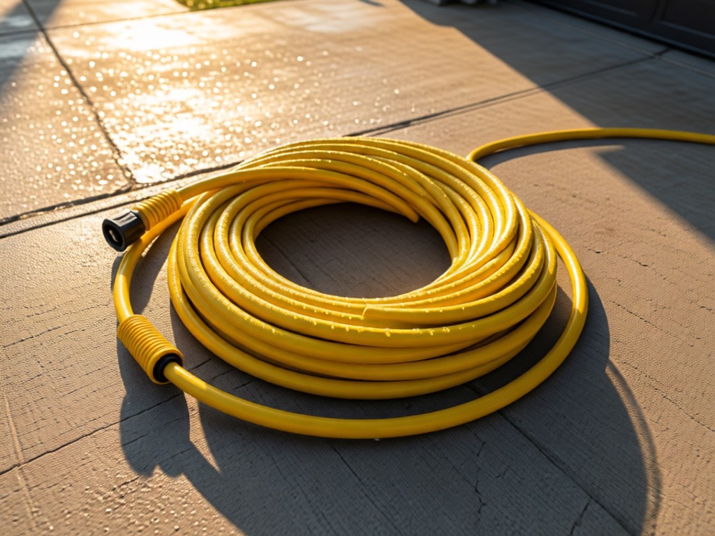 Aerial view of heavy-duty yellow extension cord perfectly coiled on concrete driveway. Morning dew glistens. Represents readiness and organization in trade environments. No people.