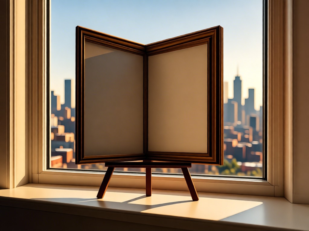 An open, empty picture frame standing on a sunlit windowsill overlooking a city skyline. The frame symbolizes your ready-to-fill marketing canvas. Warm morning light fills the scene. No people.