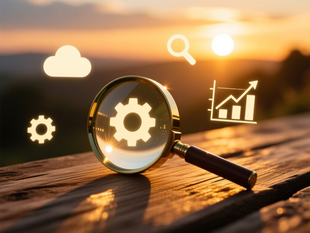A magnifying glass resting on a wooden surface amidst floating digital icons (cloud, gear, graph) during sunset, golden light casting long shadows, symbolic of search discovery, no text.