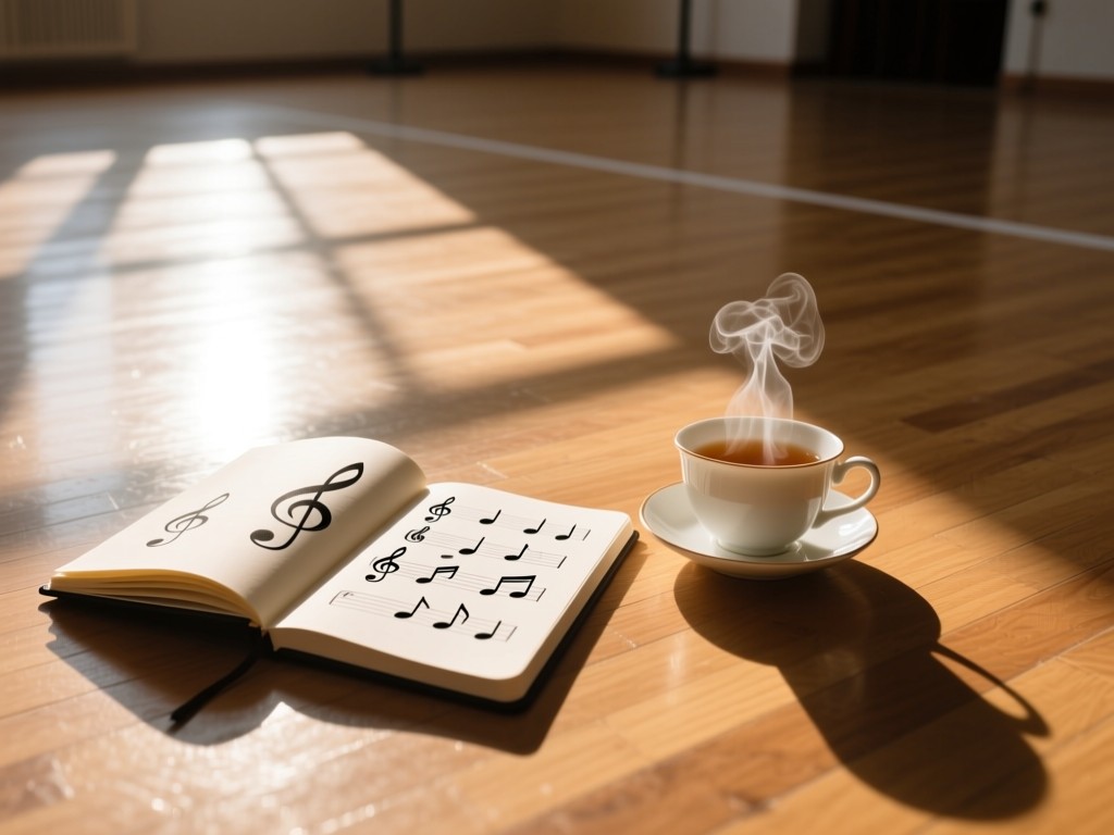 An open notebook with dance notation sketches beside a steaming teacup on a wooden rehearsal floor, late afternoon sun creating long shadows, minimalist composition, no text visible.