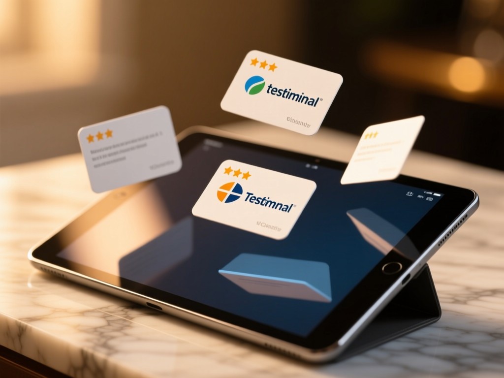 Close-up of a tablet showing floating testimonial cards with corporate logos. Warm light reflects off the screen onto a marble surface. Shallow depth of field. No people.