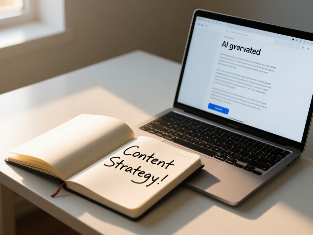 A minimalist desk with an open notebook showing handwritten 'Content Strategy' beside a glowing laptop screen displaying AI-generated text. Soft morning light highlights paper texture.