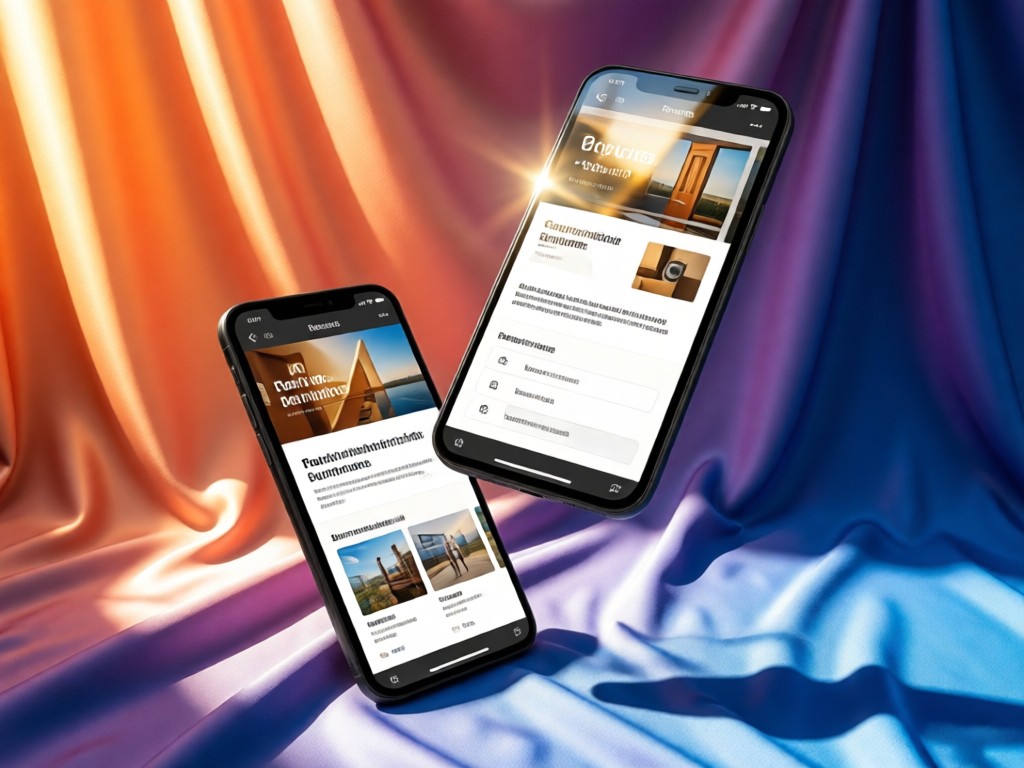 Three angled smartphones showing responsive portfolio designs against a gradient fabric backdrop. Sunlight reflects off screens, emphasizing clarity. No people.