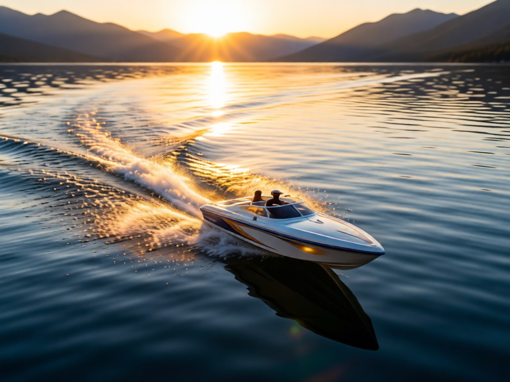 Aerial drone shot of an RC boat slicing through calm lake water at sunset. Sun glints off the hull, water spray frozen mid-air. Mountains blurred in distance. No people.