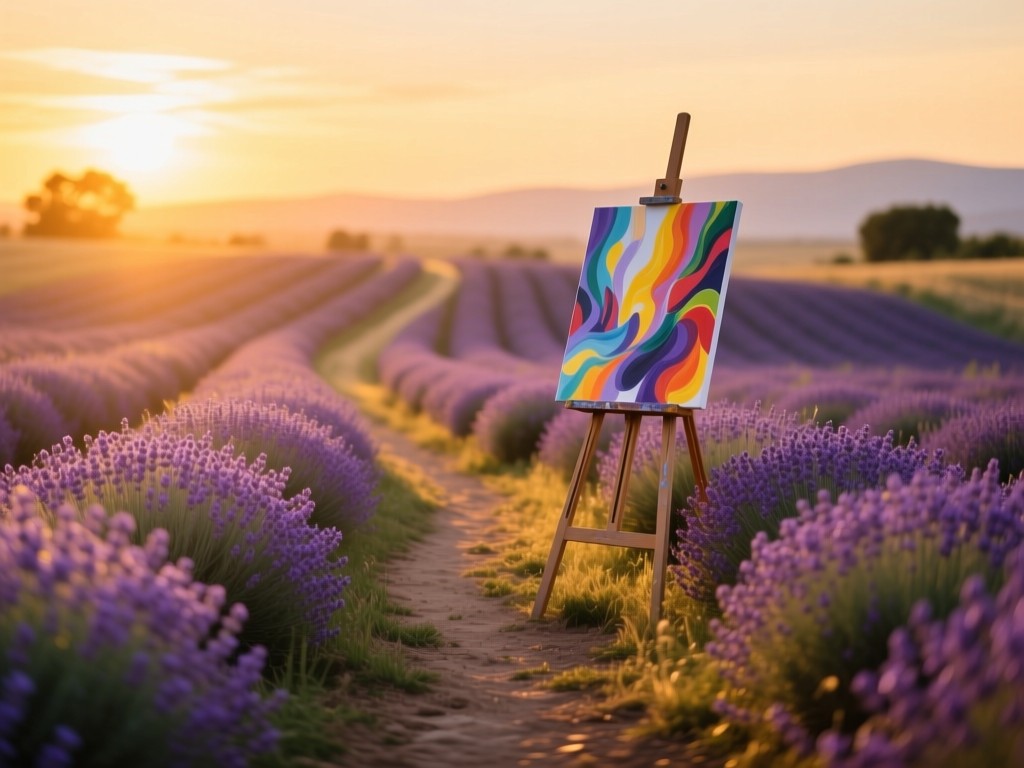 A winding path through a sun-drenched lavender field at sunset, leading to a vibrant abstract painting propped on an easel in the distance, warm golden lighting, soft focus background, no people.