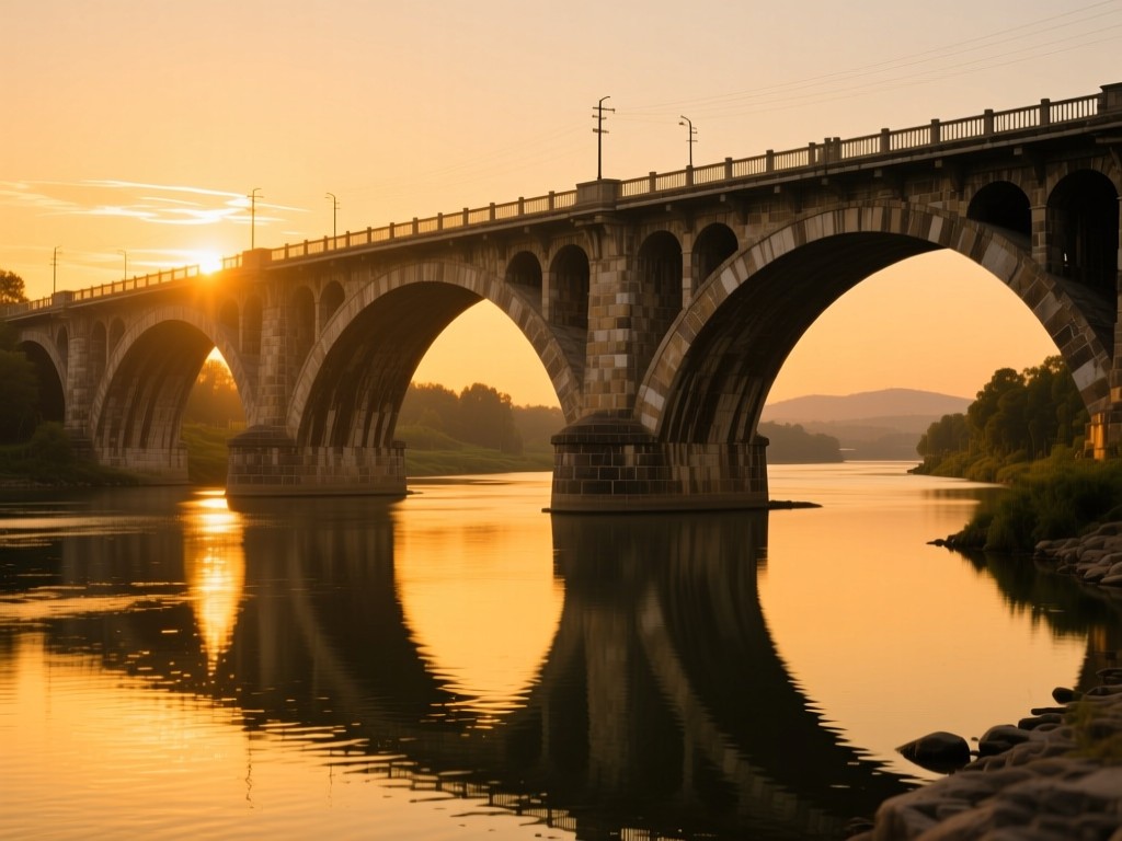 A sturdy bridge spanning a golden river at sunset, stone arches reflecting in water, symbolizing financial connections and stability, warm natural lighting, no people.