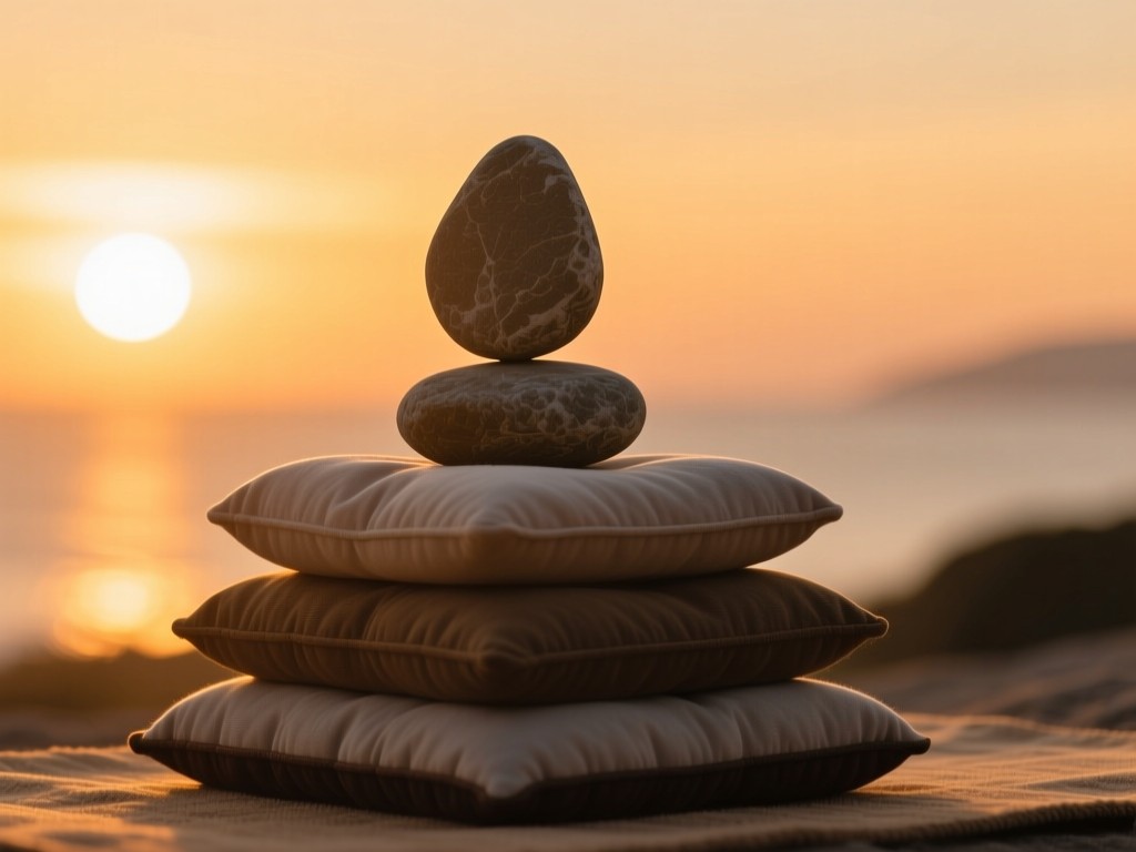 A single smooth stone balanced atop stacked meditation cushions during golden hour, symbolizing stability and restoration, warm sunset glow, soft shadows, minimalist composition, no people.