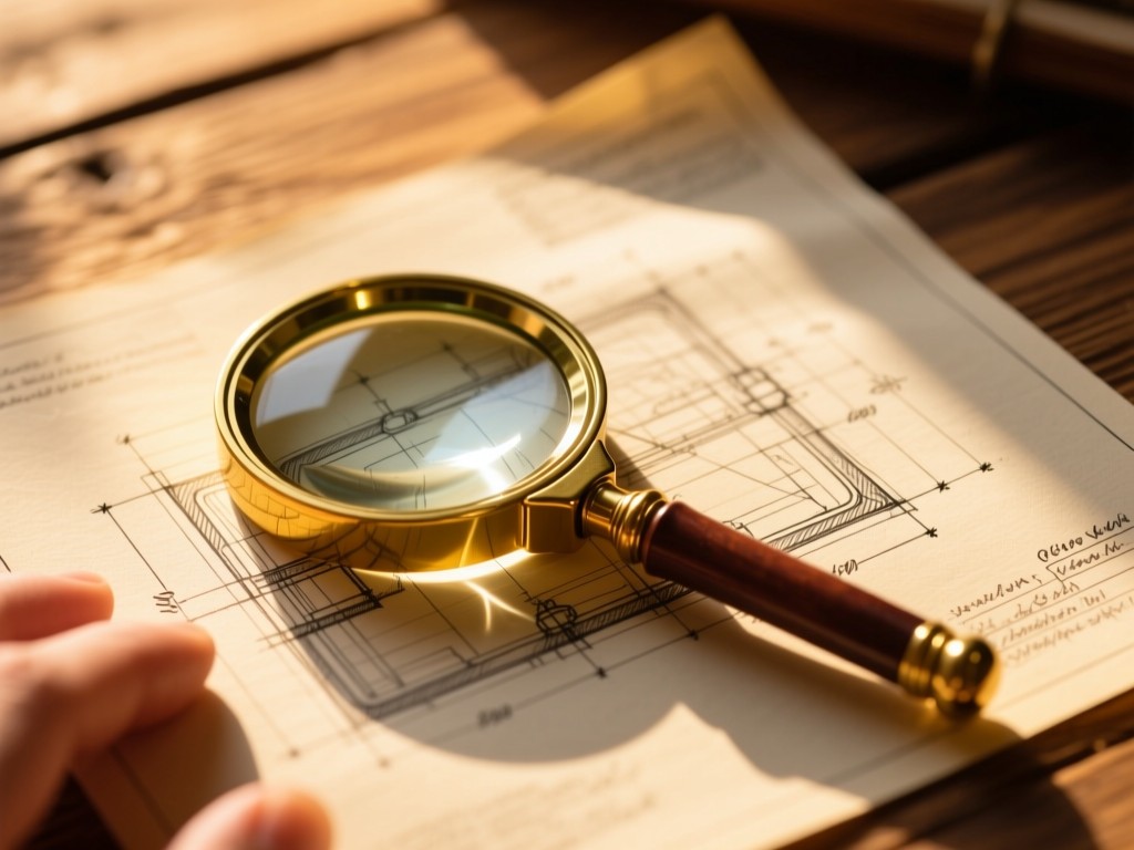A vintage magnifying glass resting on a hand-drawn craft blueprint at golden hour, sunlight highlighting intricate pencil details, warm wood background, shallow depth of field, natural textures, no people.