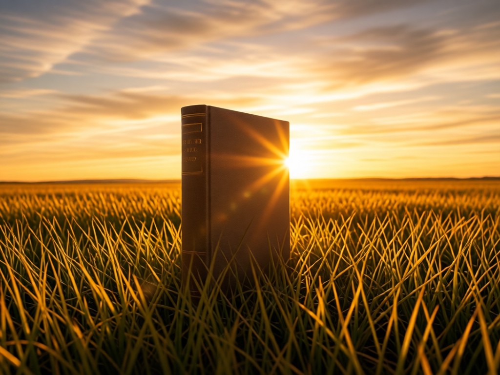A single hardcover book standing upright in a field of tall grass at golden hour. The book catches the setting sun. Endless sky in background symbolizes reach. No people.