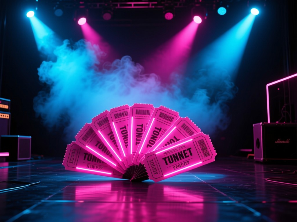 Neon-lit concert tickets fanned out on a dark stage floor, spotlight beams cutting through smoke, vibrant magenta and electric blue tones, dramatic stage atmosphere, no people.