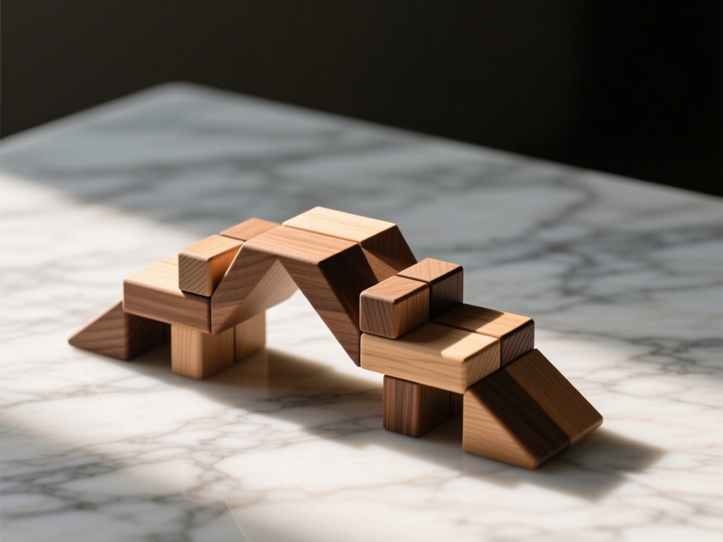 Interlocking geometric wooden blocks forming a bridge on a marble surface. Soft directional light emphasizes texture and connection. Negative space dominates the frame. No people.