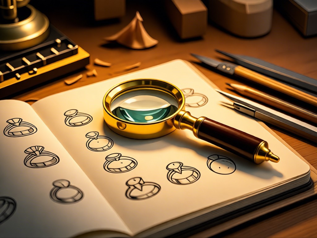 A jeweler's loupe resting on a sketchbook showing ring designs. Golden light illuminates pencil shavings and drafting tools. Warm, creative workspace ambiance. No people.