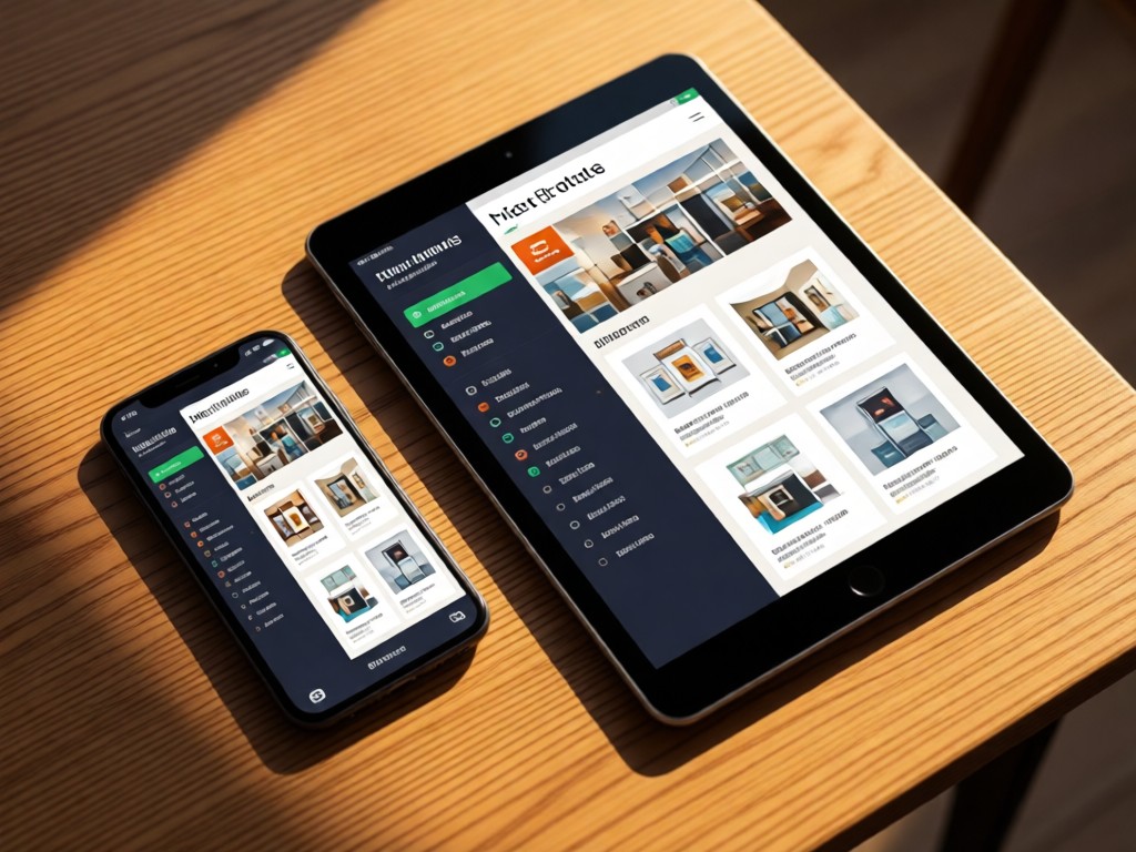 A smartphone and tablet displaying identical clean portfolio layouts on a wooden surface. Golden hour light highlights their screens. No people.