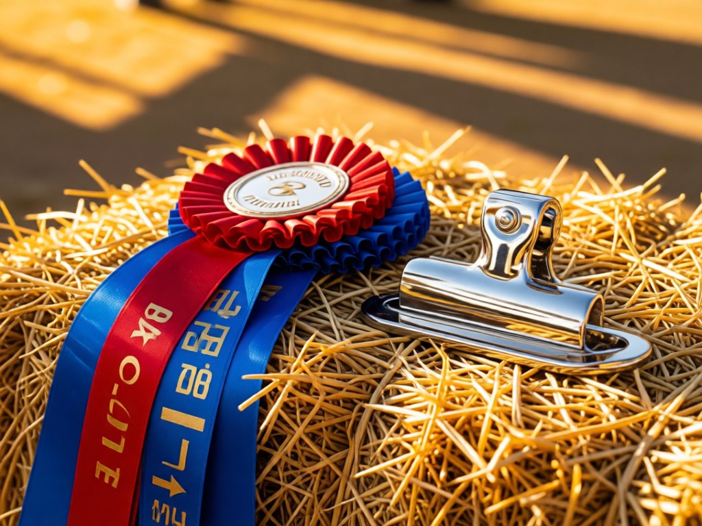 Stacked championship ribbons in reds and blues beside a polished silver show lead clip on a hay bale. Late afternoon sun creates long shadows. Warm and celebratory mood. No people.