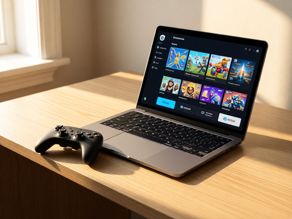 A minimalist desk with a Switch controller beside an open laptop displaying a clean game gallery interface. Soft afternoon light highlights the buttons' textures. No people.