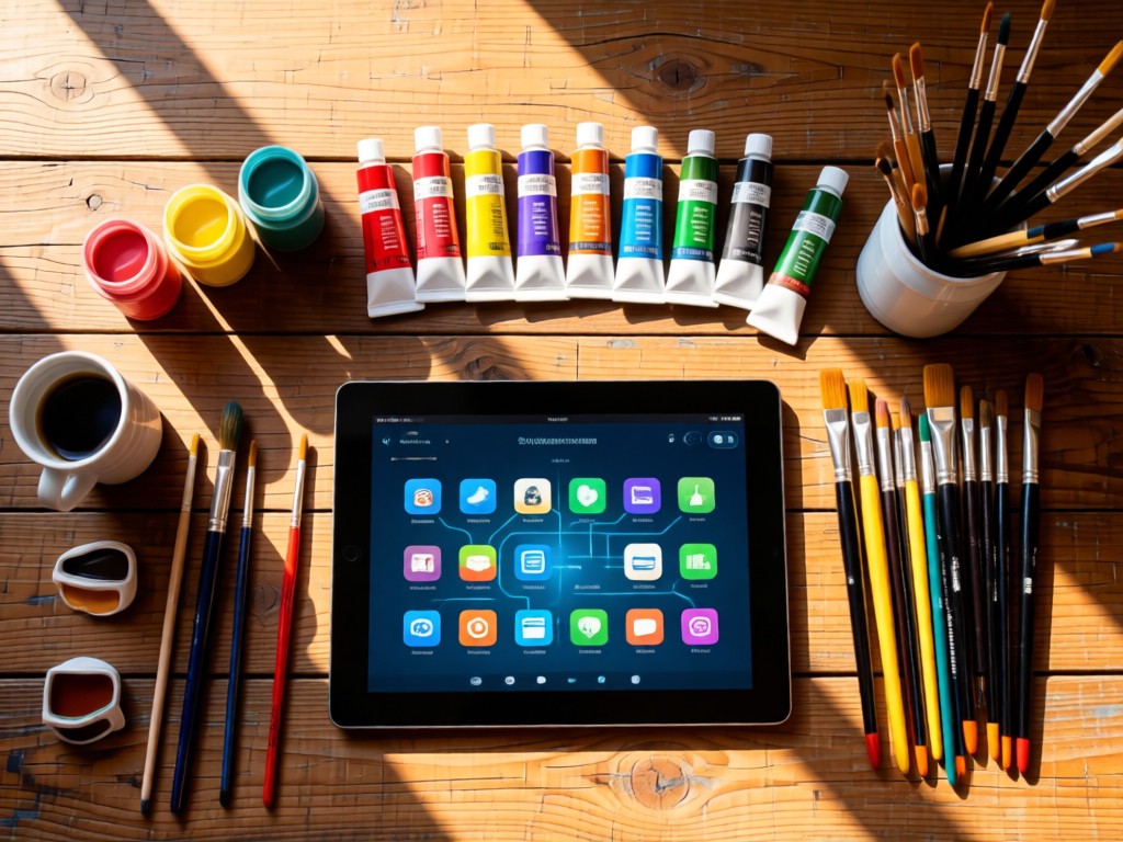 Overhead shot of organized art supplies on a rustic wood table. Vibrant paint tubes, brushes and a tablet showing connected app icons. Soft directional sunlight. No people.
