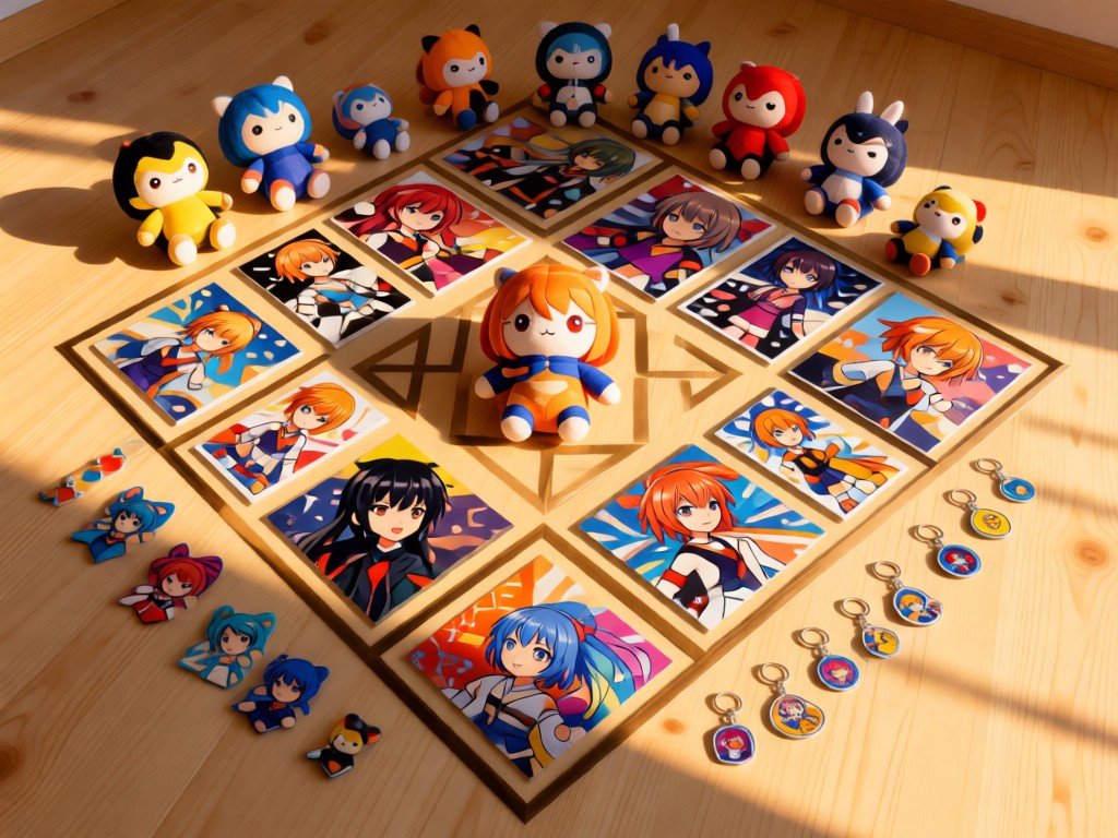 Aerial view of anime merchandise collection arranged in geometric patterns on light wood. Items include plushies, art prints, and keychains in vibrant colors. Soft shadows create depth in golden hour light. No people.