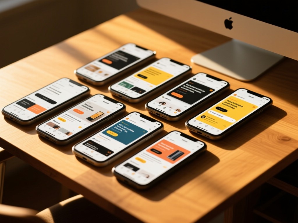 A curated grid of mobile/desktop screenshots showing ad placements. Golden hour light creates warm shadows on a wooden desk. Minimalist composition. No people.