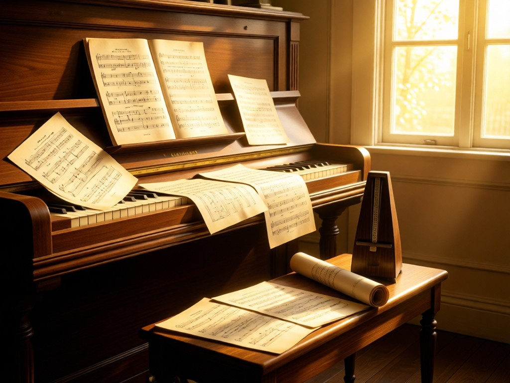 Artistic arrangement of vintage sheet music scattered on a piano bench, bathed in afternoon sunlight. A metronome stands beside rolled manuscripts. Golden hour glow through nearby windows. No people.
