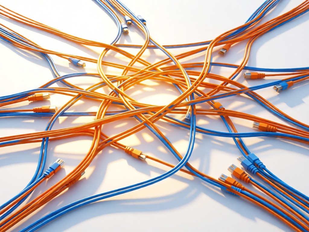 An aerial shot of interconnected server cables forming a web-like pattern on a clean white surface. Golden sunlight highlights the orange and blue connectors. Symbolizes connectivity and organization. No people.