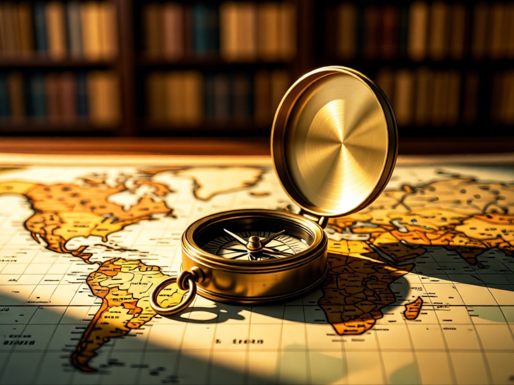 A vintage brass compass open on a world map, with sunlight highlighting continents. Blurred bookshelves in background. Warm golden tones. No people.