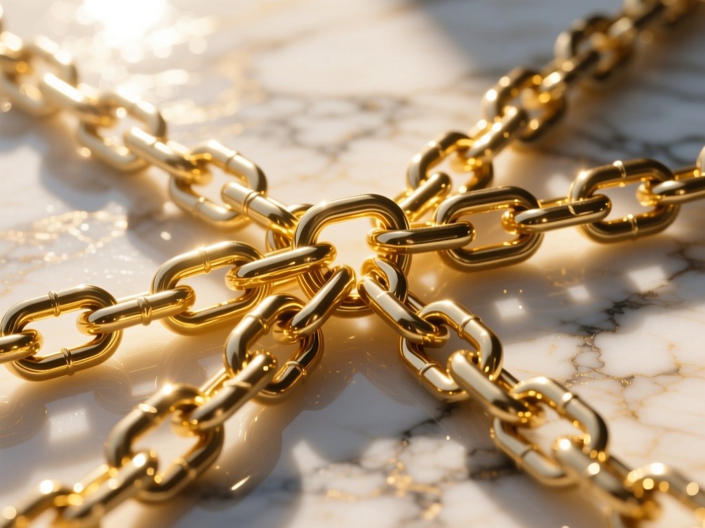 Abstract arrangement of interlinked chains on a sunlit marble surface. Golden light emphasizes connection points and metallic textures. No people.