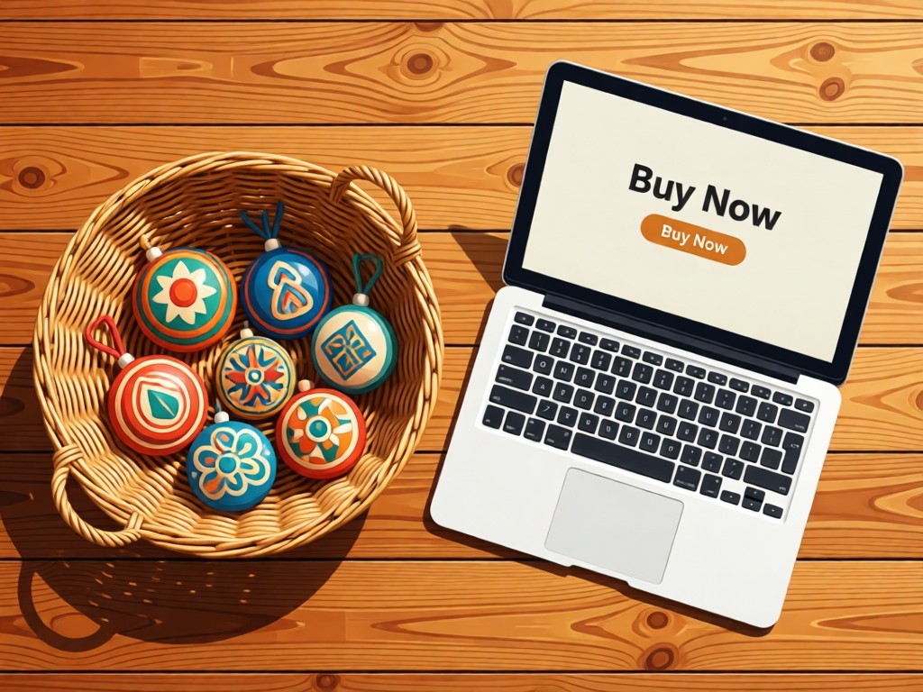 Stylized flat lay of a woven basket holding handmade ornaments beside an open laptop showing a 'Buy Now' button. Warm wood textures. No people.