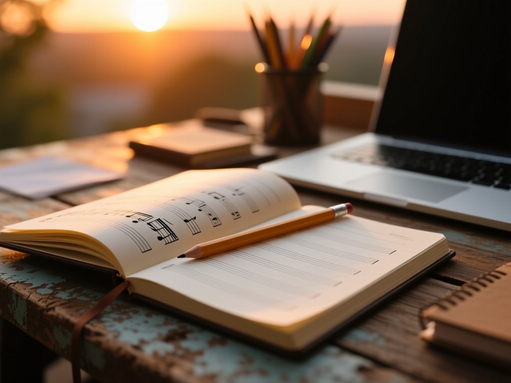 An open music notebook with pencil on a rustic desk during sunset, warm light illuminating blank staff lines, shallow focus, creative workspace atmosphere.