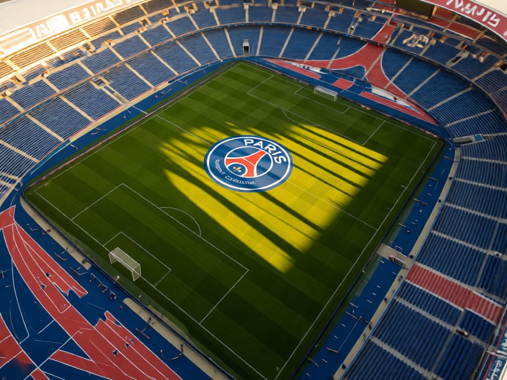 Aerial view of a PSG football centered on a pitch at golden hour. Crisp shadows stretch across the grass. Empty stands create negative space. Symbolizes focus and visibility.
