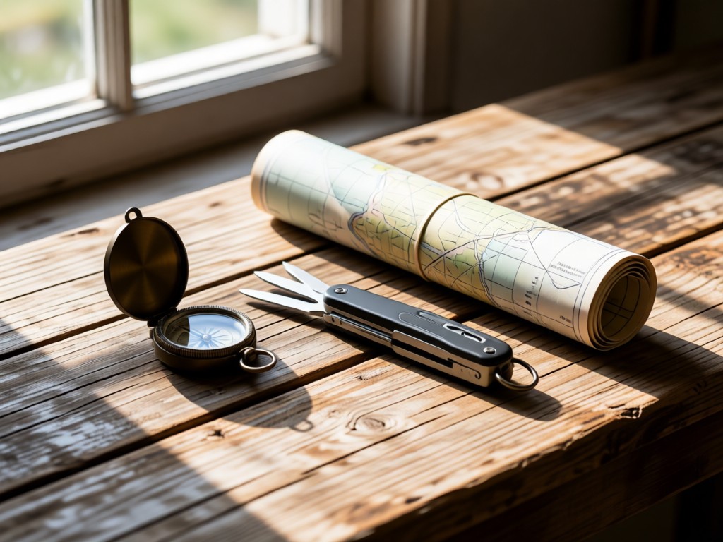 Minimalist arrangement of outdoor essentials: a compass, multi-tool, and rolled map on weathered wood. Soft window light highlights textures. No people.