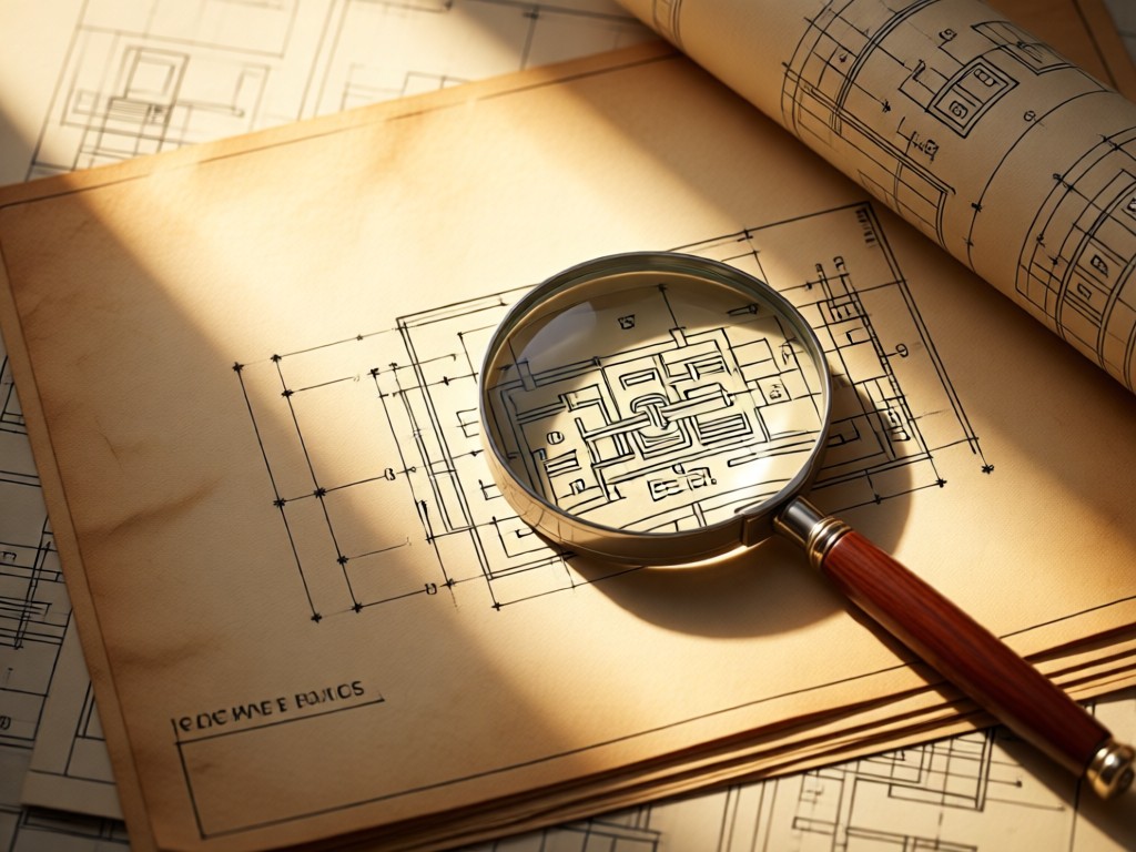 Stacked engineering blueprints with a magnifying glass focusing on automation workflows. Warm sunlight streams across aged paper textures. Minimalist composition.