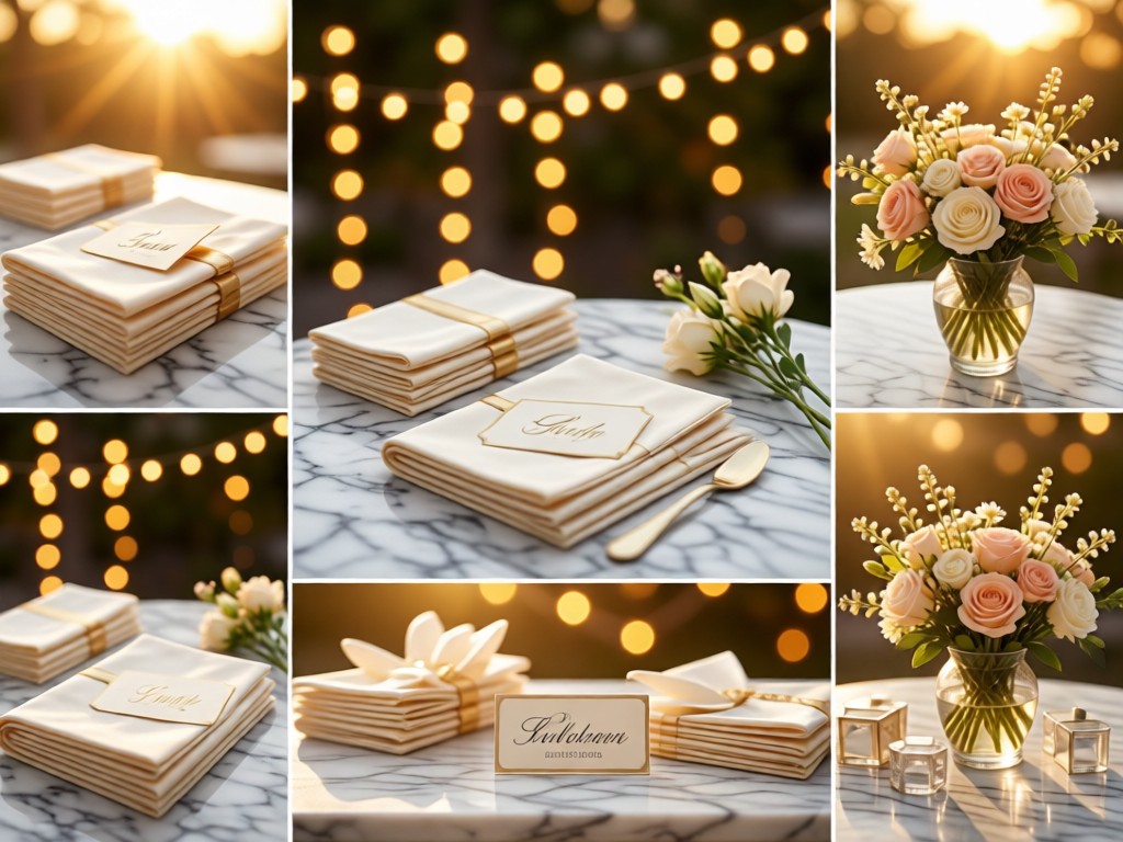 A curated collage of elegant event details: folded napkins, place cards, and floral arrangements arranged on a marble surface. Soft bokeh background with string lights. Golden hour lighting.