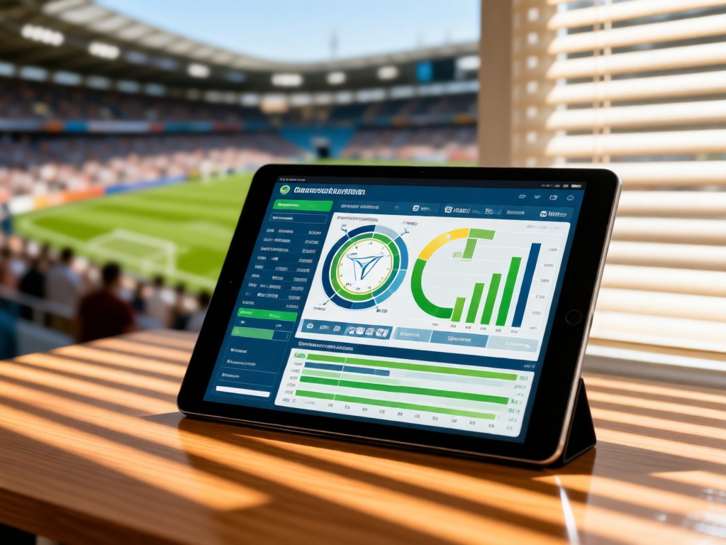 Open tablet displaying clean football stats dashboard on a wooden desk. Blurred stadium photo in background. Sunlight through venetian blinds creates stripes. No people.