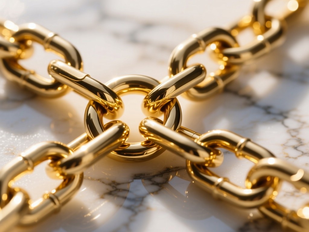 Abstract close-up of interlocking gold chain links on marble surface. Sunlight highlights metallic textures. Symbolizes connection. No people.