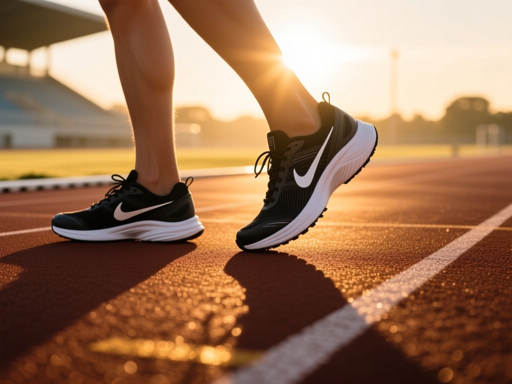 A pair of running shoes on a track at sunrise, casting long shadows in golden light, symbolizing movement and progress, minimalist composition.