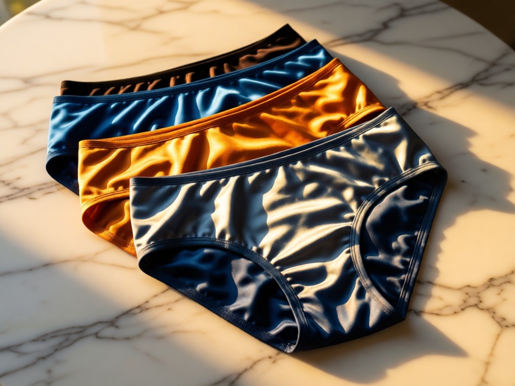 Neatly folded panties in complementary colors arranged on a marble surface. Golden hour light creates soft shadows and highlights fabric sheen. No people.