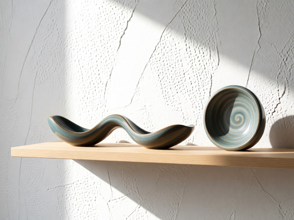 Minimalist shelf displaying ceramic ornaments against a textured white wall. Natural light emphasizes curves and glaze details. No people.