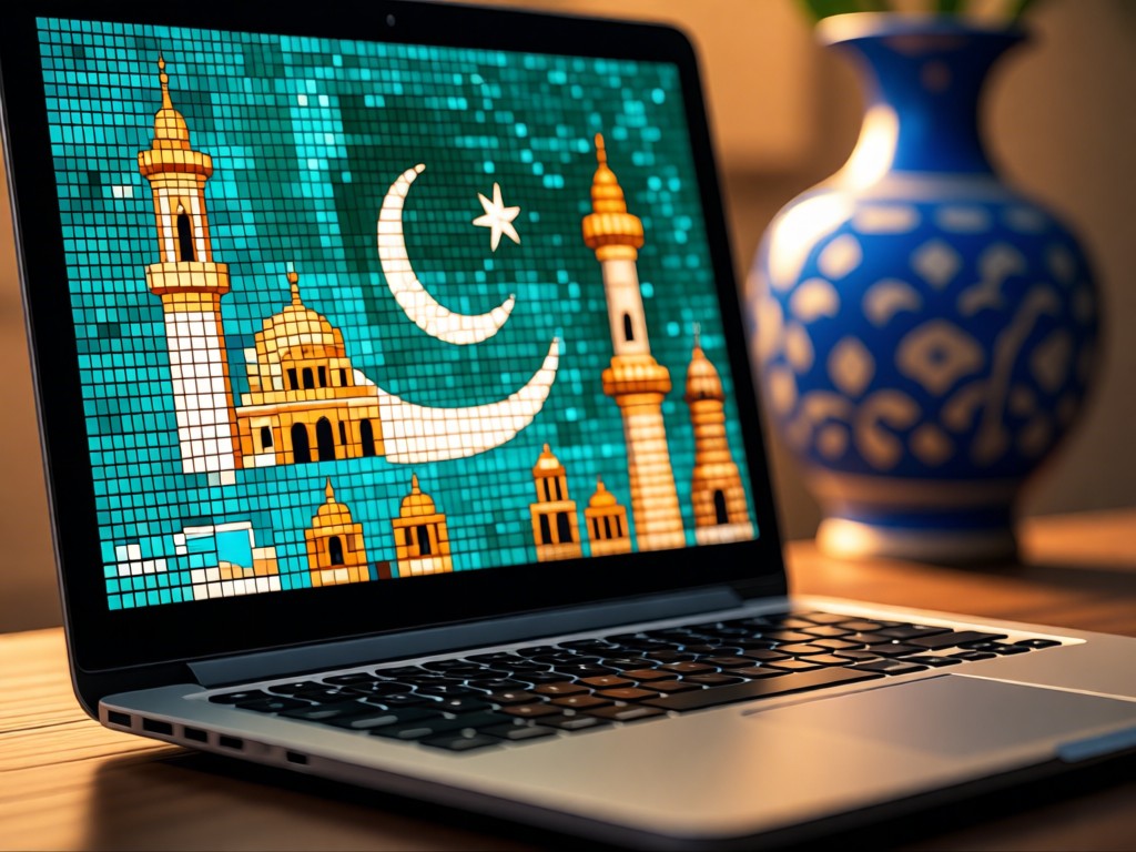 Close-up of a laptop displaying an AI-generated mosaic of Pakistani architectural icons. Soft golden light illuminates the keyboard. Traditional blue pottery vase in blurred background. No people.