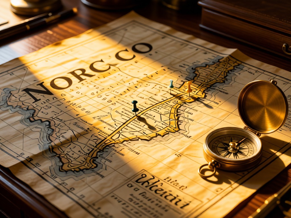 A vintage map of Norco spread on a desk with pushpins marking locations. Golden light highlights the paper texture and brass compass beside it. No people.