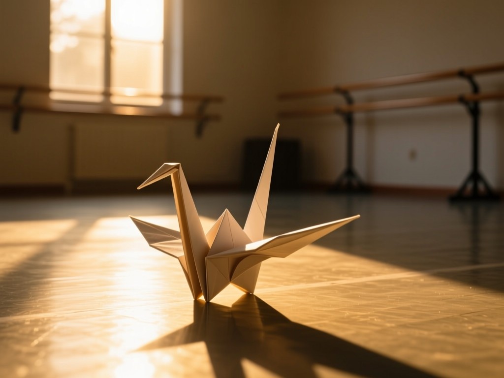 A single origami crane mid-unfolding on a sunlit rehearsal studio floor during golden hour, symbolizing transformation and documentation, warm shadows, minimalist composition, no people.