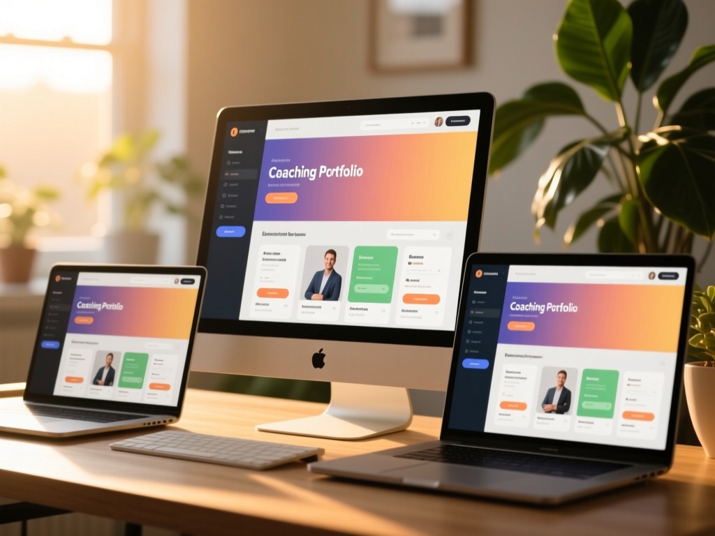 Three devices showing identical coaching portfolio layout. Morning light creates warm gradients on screens. Plant in soft-focus background. No people.