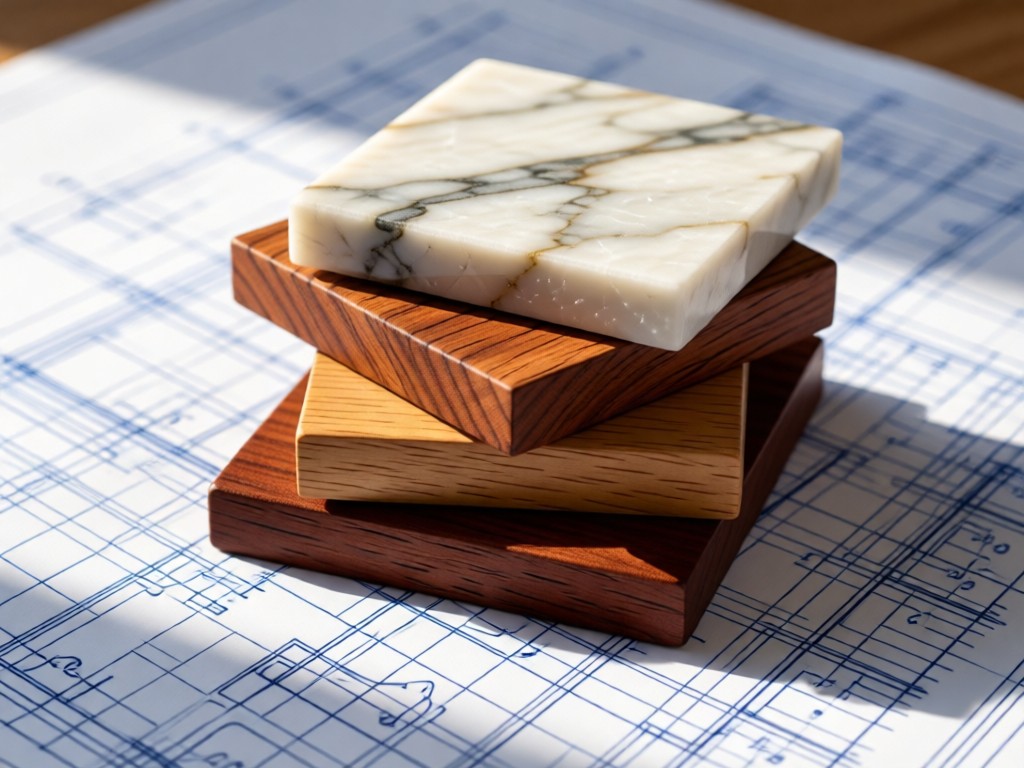 Close-up of stacked marble and wood samples arranged artistically on a blueprint. Soft shadows highlight textures. Natural morning light. No people.